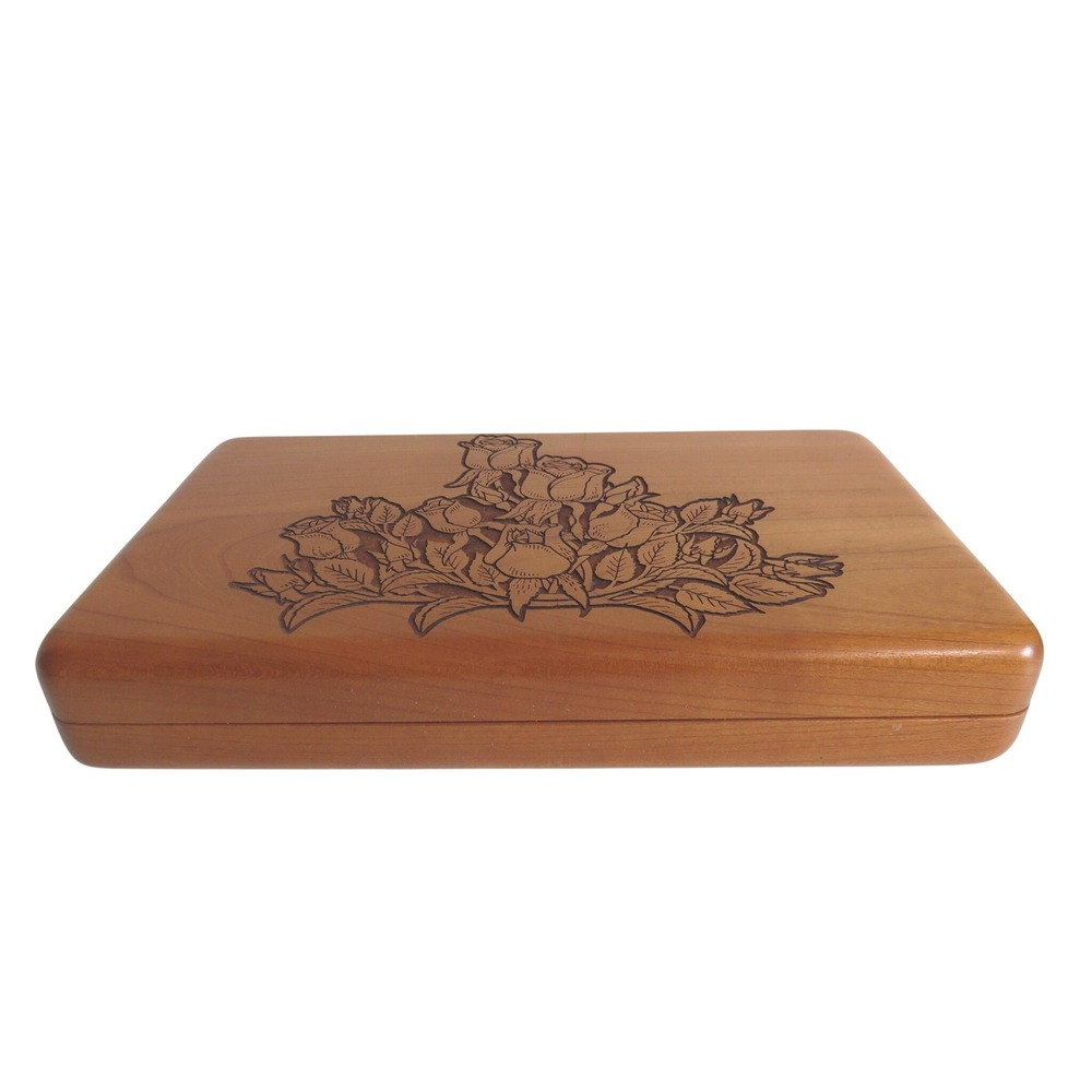 Wilderness Woods Wooden Jewelry‎ Trinket Storage Box Engraved Rose Design USA